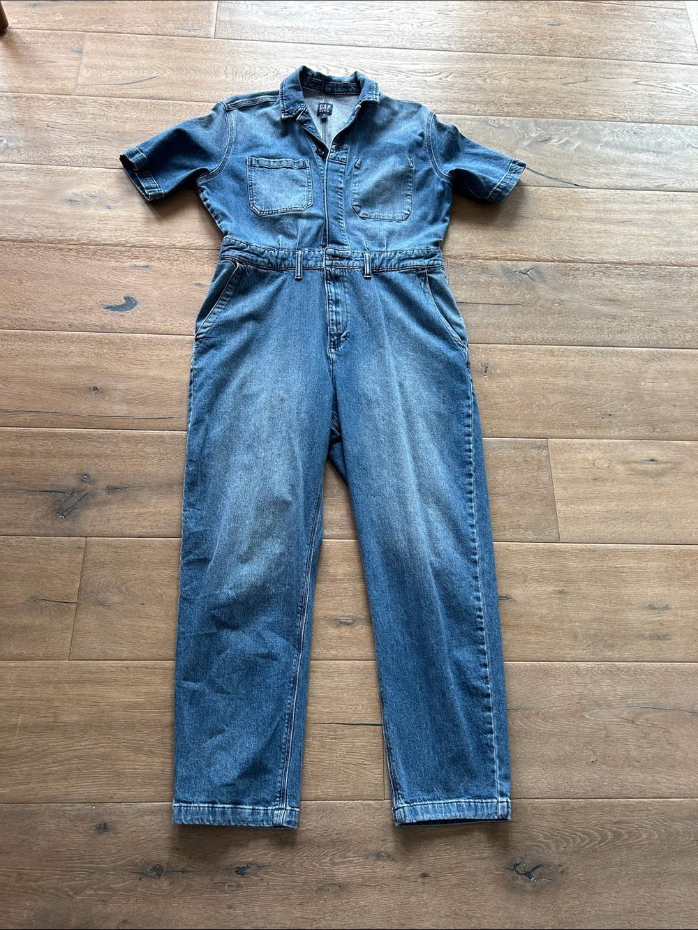 GAP Short-Sleeve Denim Jumpsuit in Medium Blue